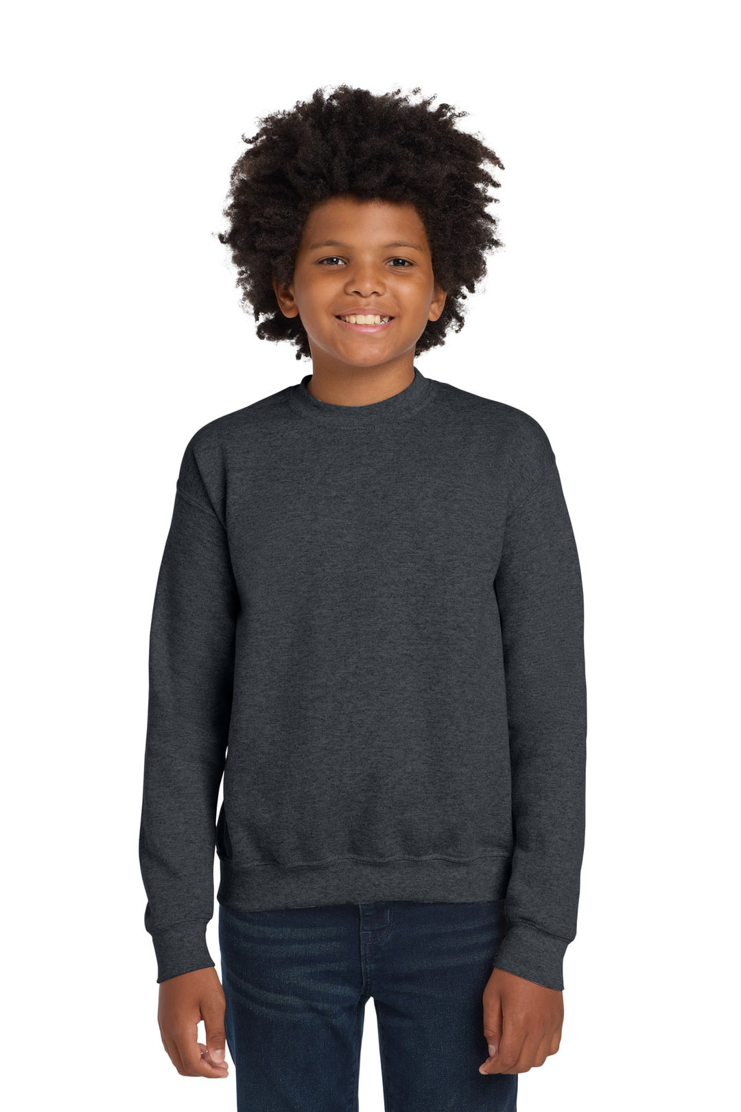 DarkHthr Gildan Youth Heavy Blend Crewneck Sweatshirt. 18000B