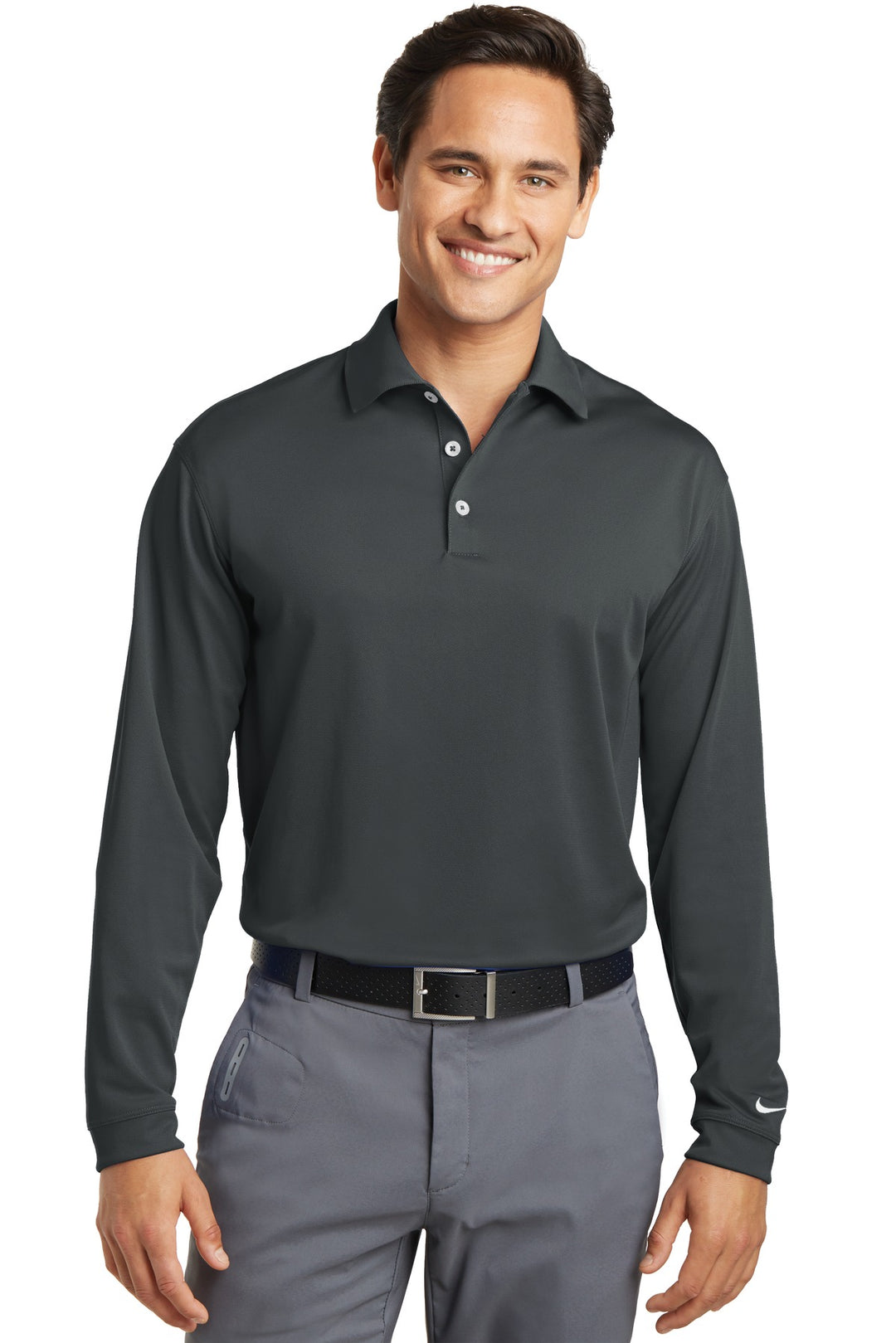 Front View of Anthracite Nike Long Sleeve Dri-FIT Stretch Tech Polo. 466364