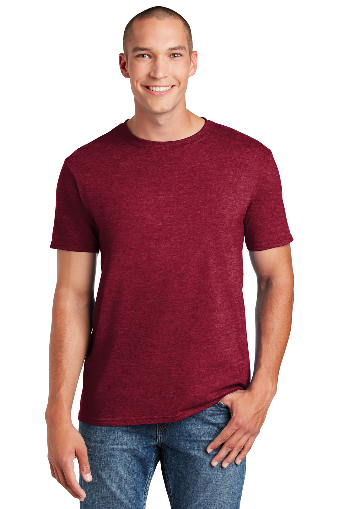 Front View of Antqu Chry Red Gildan Softstyle T-Shirt. 64000