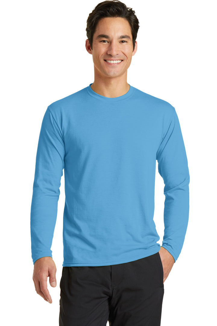 Front View of Aquatic Blue Port & Company Long Sleeve Performance Blend Tee. PC381LS
