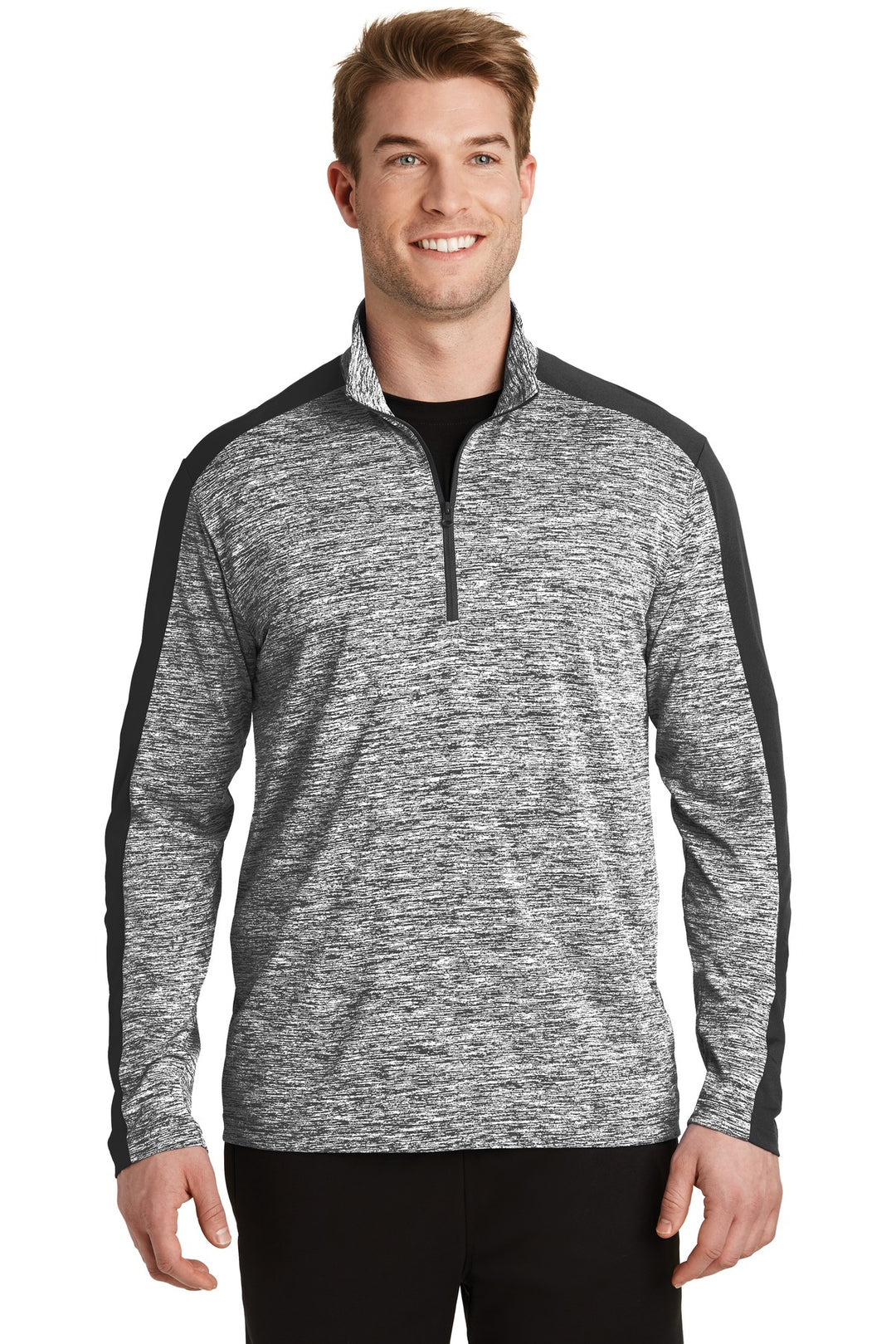 Front View of Black El/Black Sport-Tek PosiCharge Electric Heather Colorblock 1/4-Zip Pullover. ST397