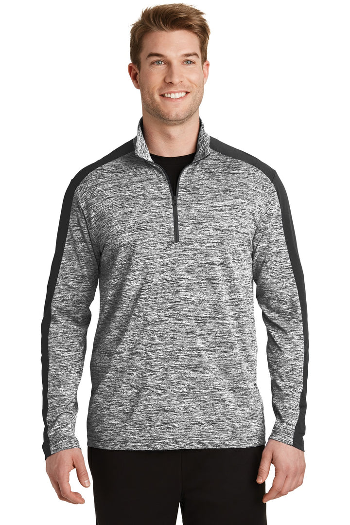 Front View of Black El/Black Sport-Tek PosiCharge Electric Heather Colorblock 1/4-Zip Pullover. ST397