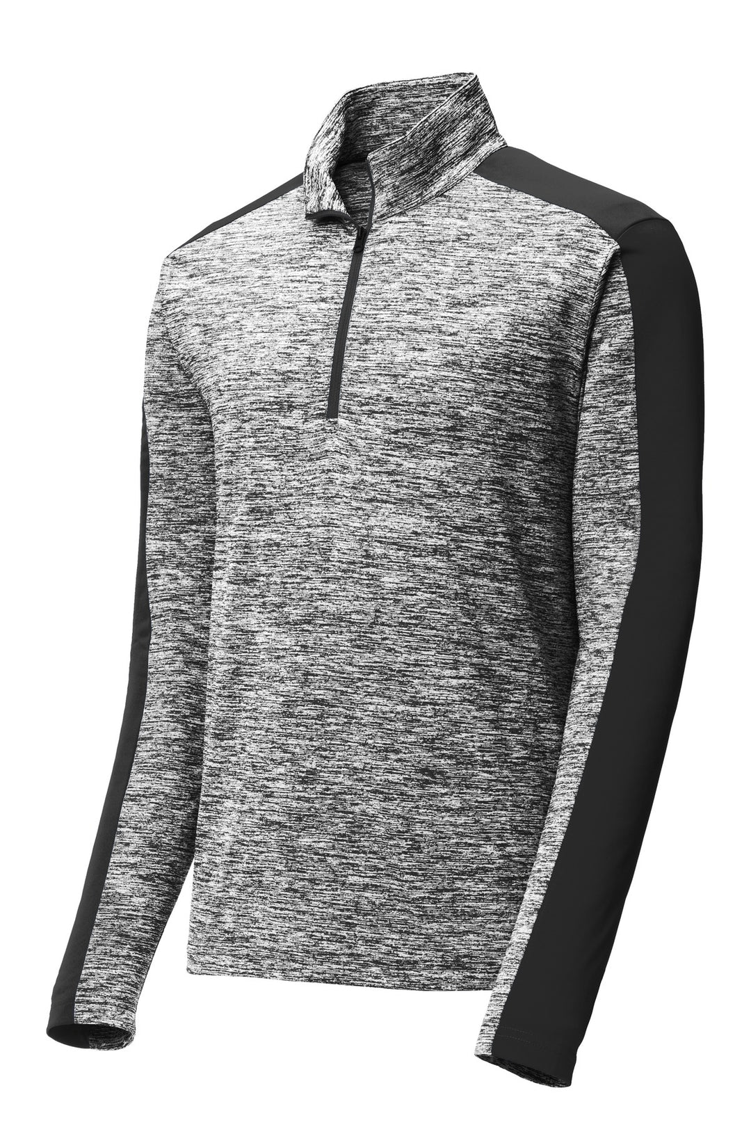 Front View of Black El/Black Sport-Tek PosiCharge Electric Heather Colorblock 1/4-Zip Pullover. ST397