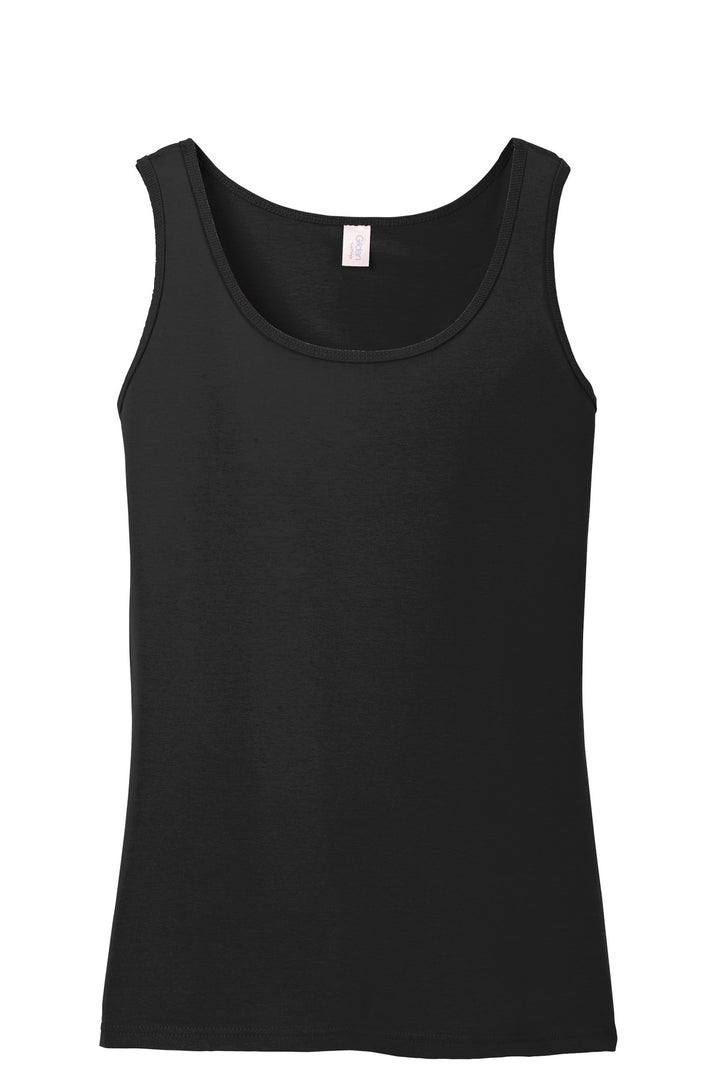 Front View of Black Gildan Softstyle Junior Fit Tank Top. 64200L