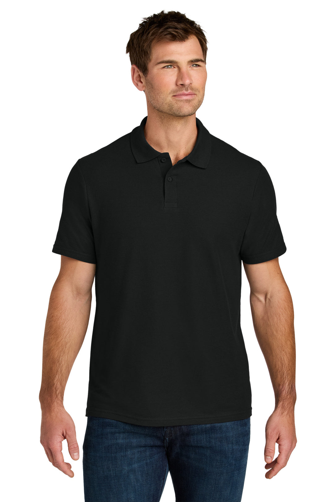 Front View of Black Gildan Softstyle Pique Polo 64800