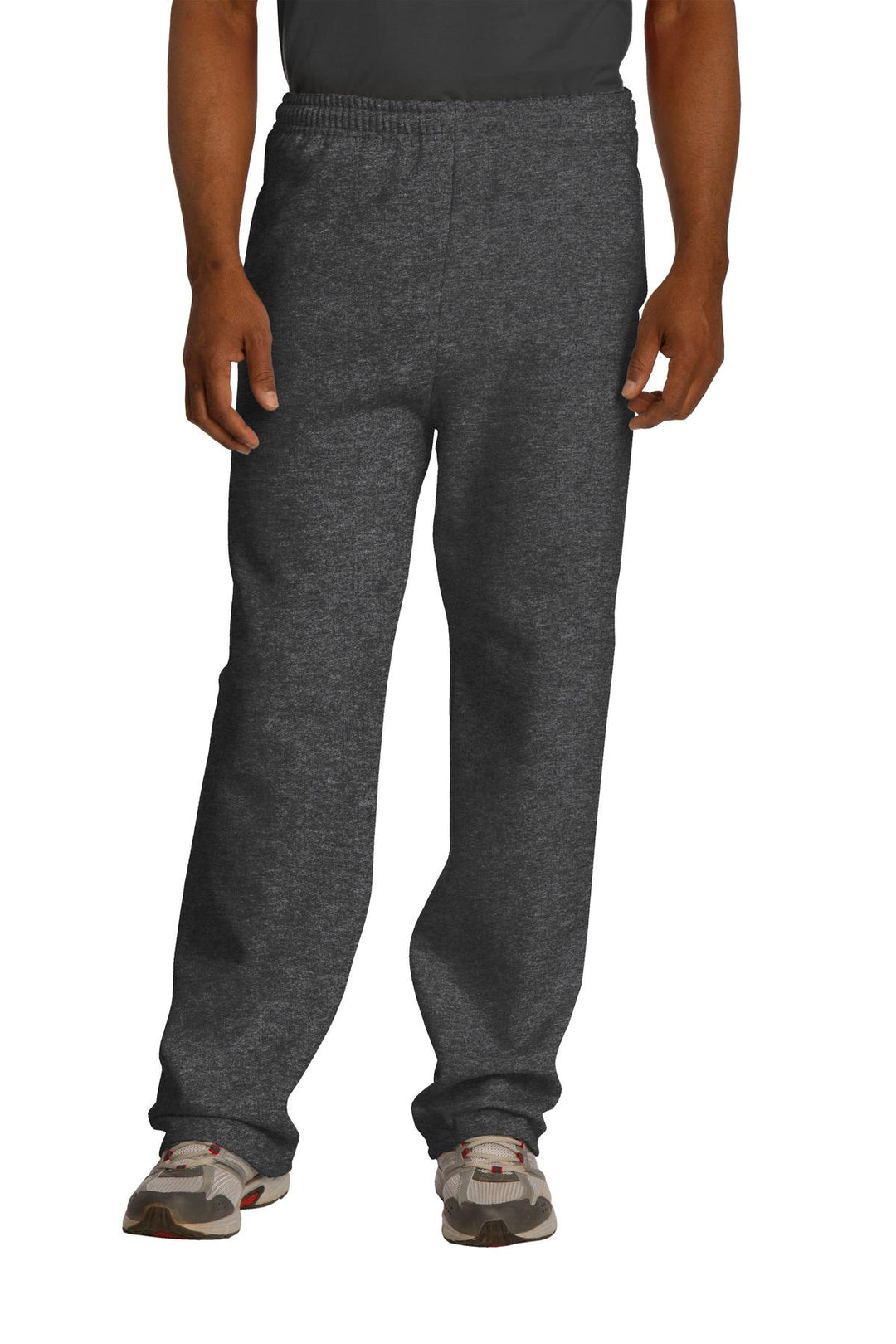 Front View of Black Heather Jerzees NuBlend Open Bottom Pant with Pockets. 974MP
