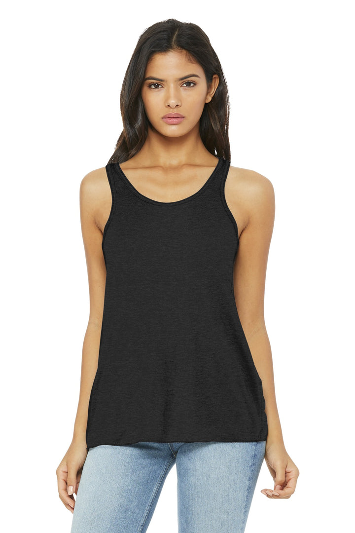 Front View of Black Ht BELLA+CANVAS Women's Flowy Racerback Tank. BC8800