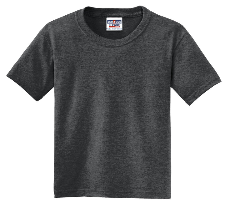 Front View of Black Hthr Jerzees - Youth Dri-Power 50/50 Cotton/Poly T-Shirt. 29B