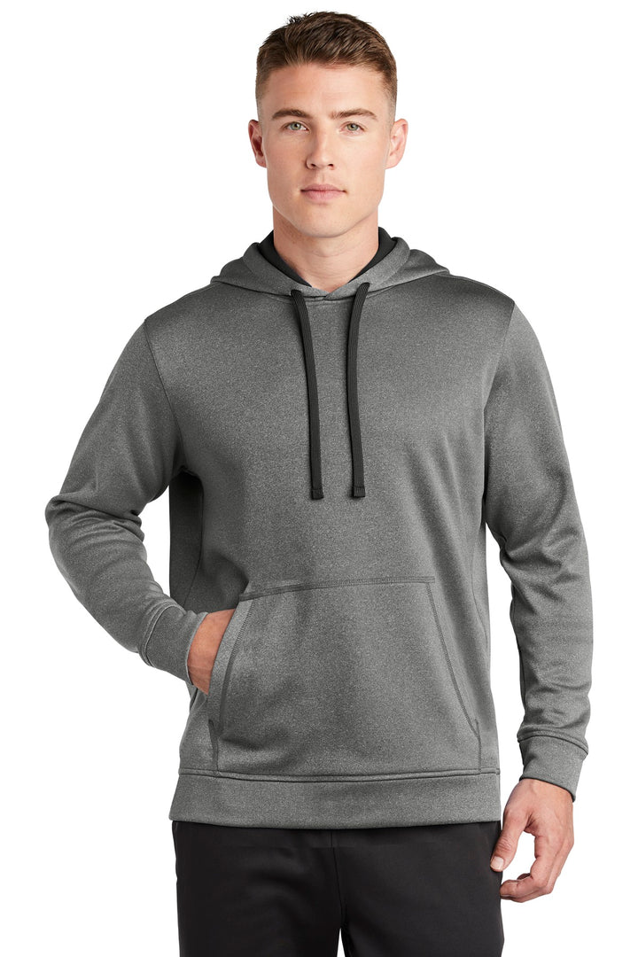Front View of Black Hthr Sport-Tek PosiCharge Sport-Wick Heather Fleece Hooded Pullover. ST264