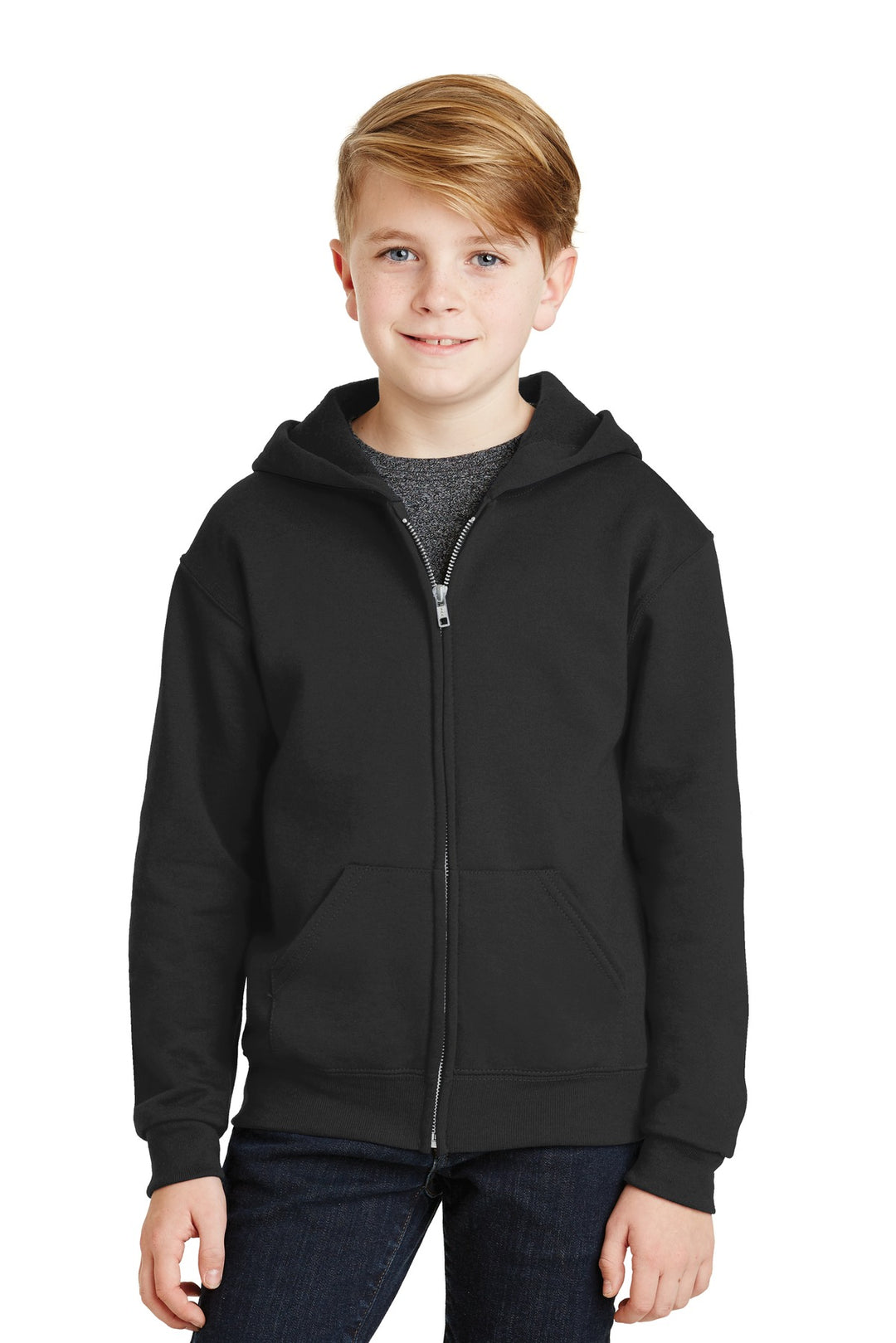 Front View of Black Jerzees - Youth NuBlend Full-Zip Hooded Sweatshirt. 993B