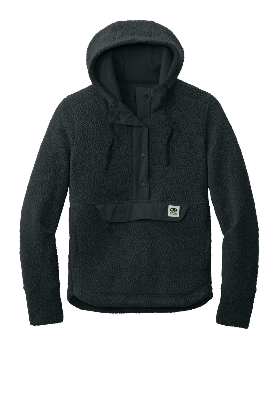 Front View of Black LIMITED EDITION Outdoor Research Women's Packwood Fleece Pullover Hoodie OR322268