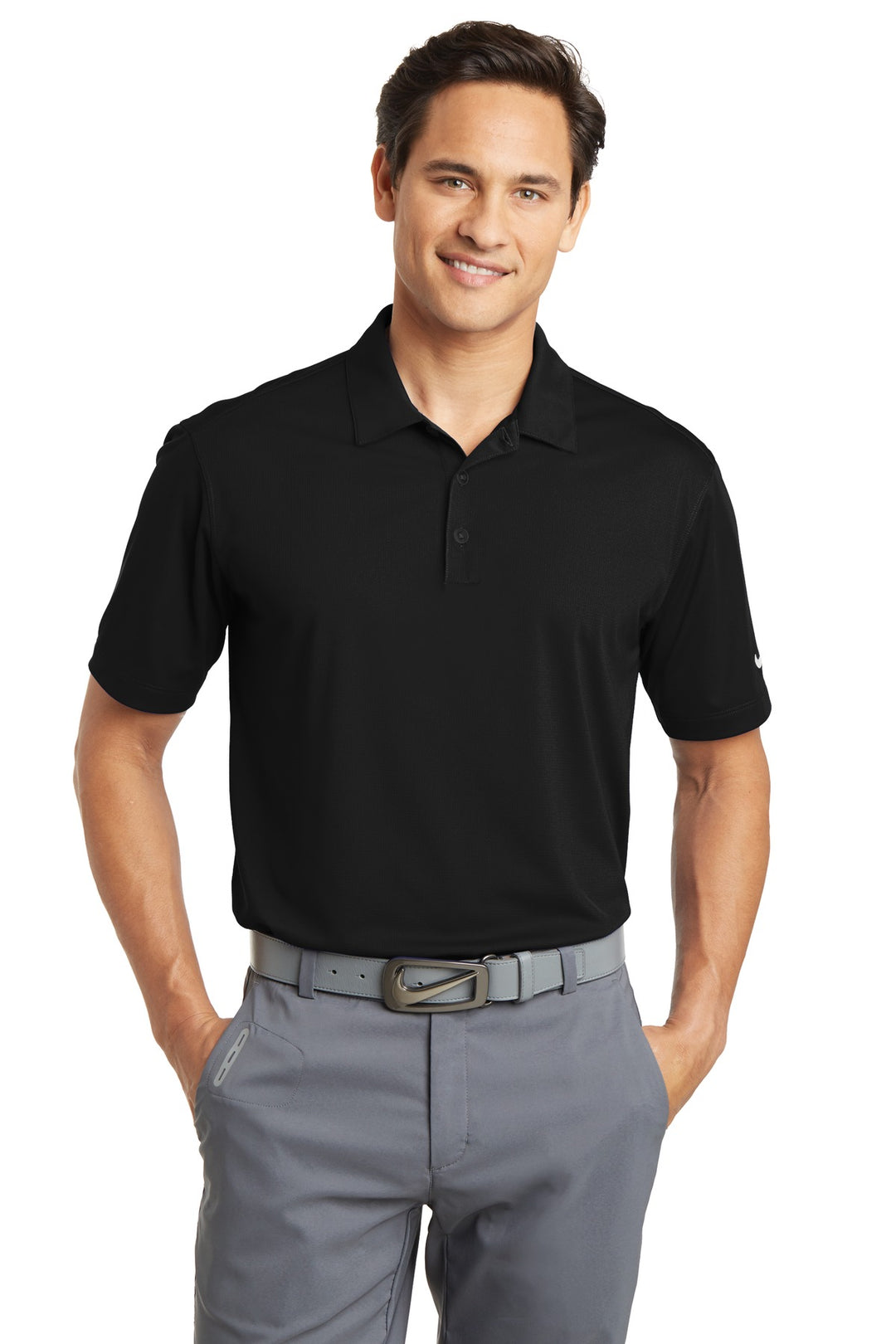 Front View of Black Nike Dri-FIT Vertical Mesh Polo. 637167
