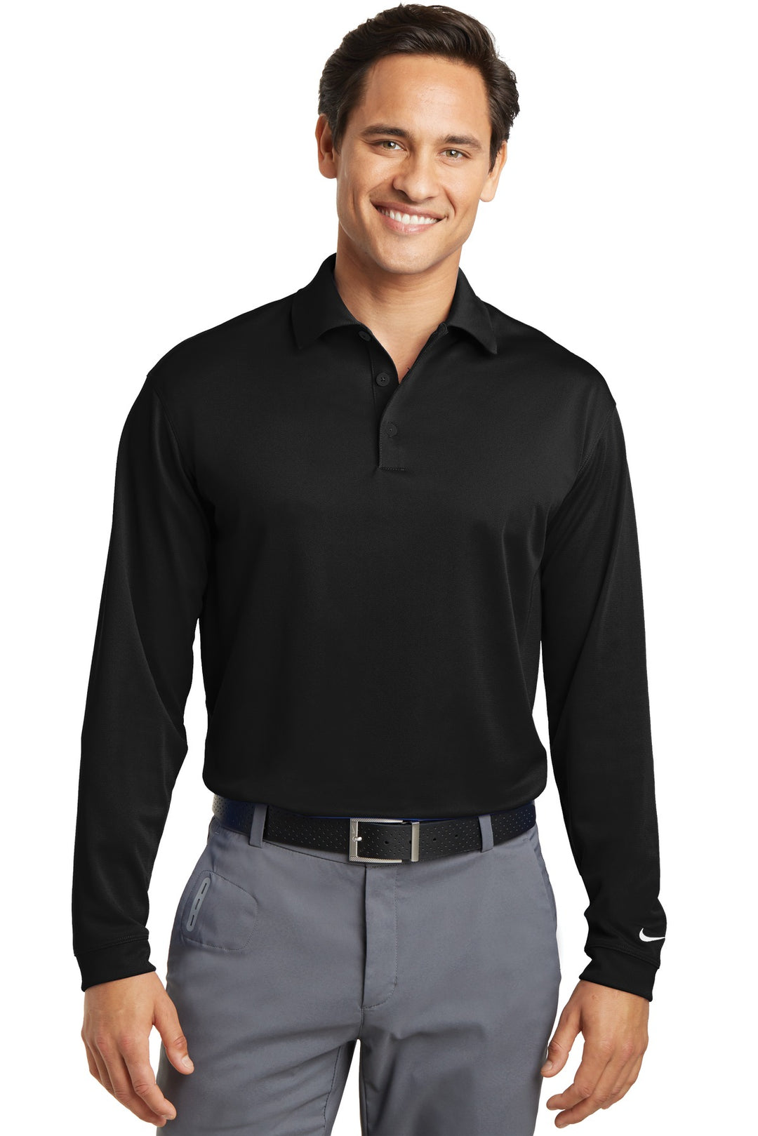 Front View of Black Nike Long Sleeve Dri-FIT Stretch Tech Polo. 466364
