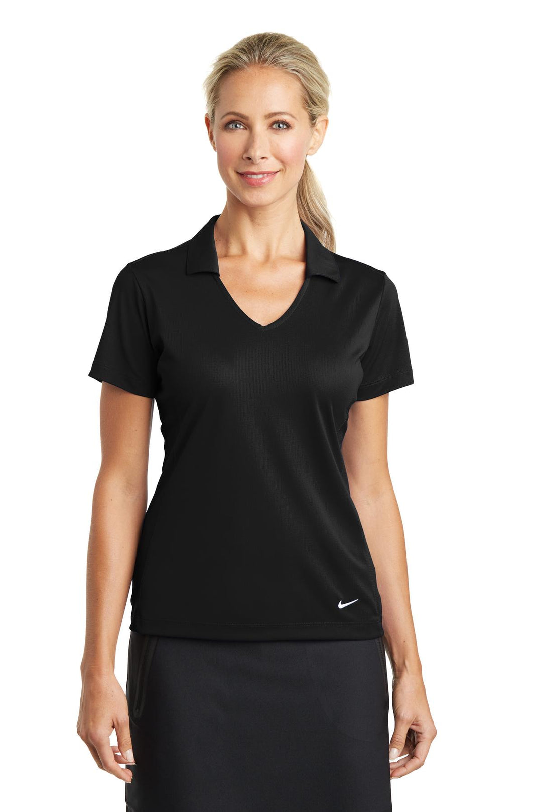 Front View of Black Nike Women's Dri-FIT Vertical Mesh Polo. 637165