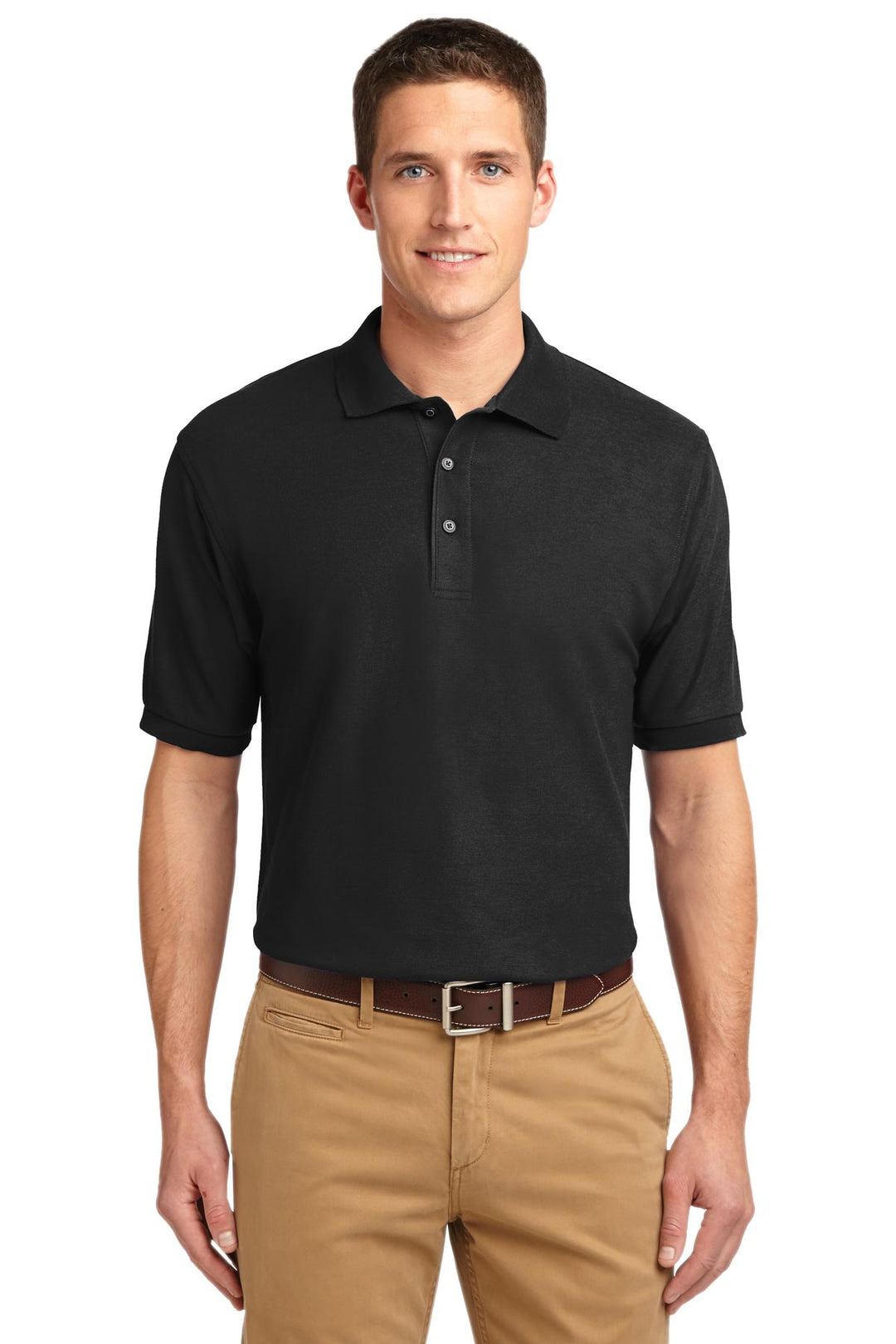 Front View of Black Port Authority Silk Touch Polo K500