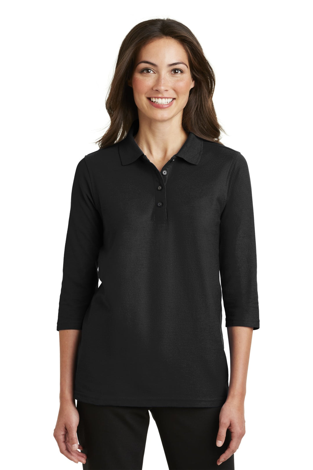 Front View of Black Port Authority Women's Silk Touch 3/4-Sleeve Polo. L562