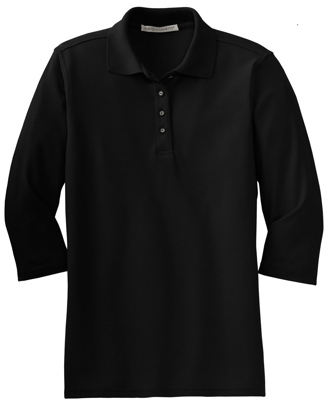 Front View of Black Port Authority Women's Silk Touch 3/4-Sleeve Polo. L562