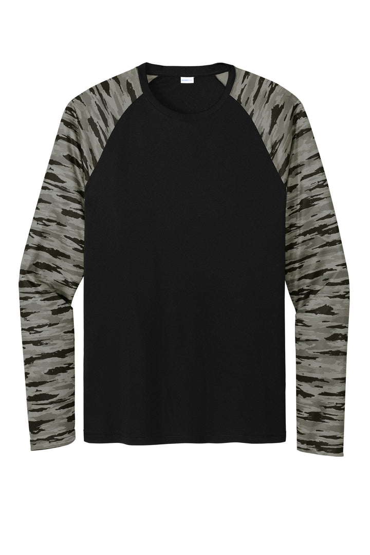 Front View of Black Sport-Tek Drift Camo Colorblock Long Sleeve Tee ST376LS