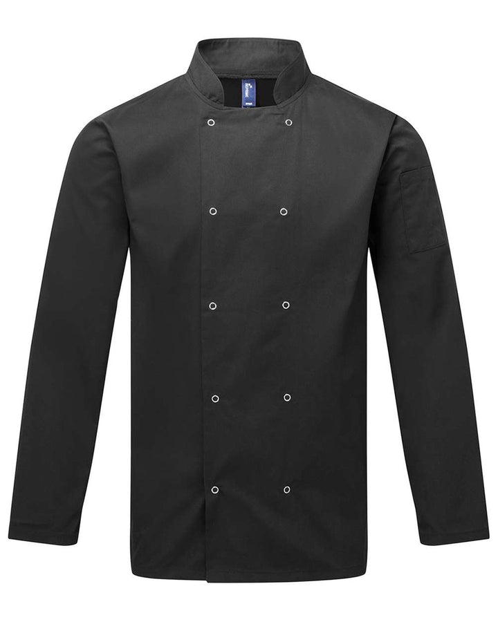 Front View of Black Ten Studded Front Chef Coat - RP665