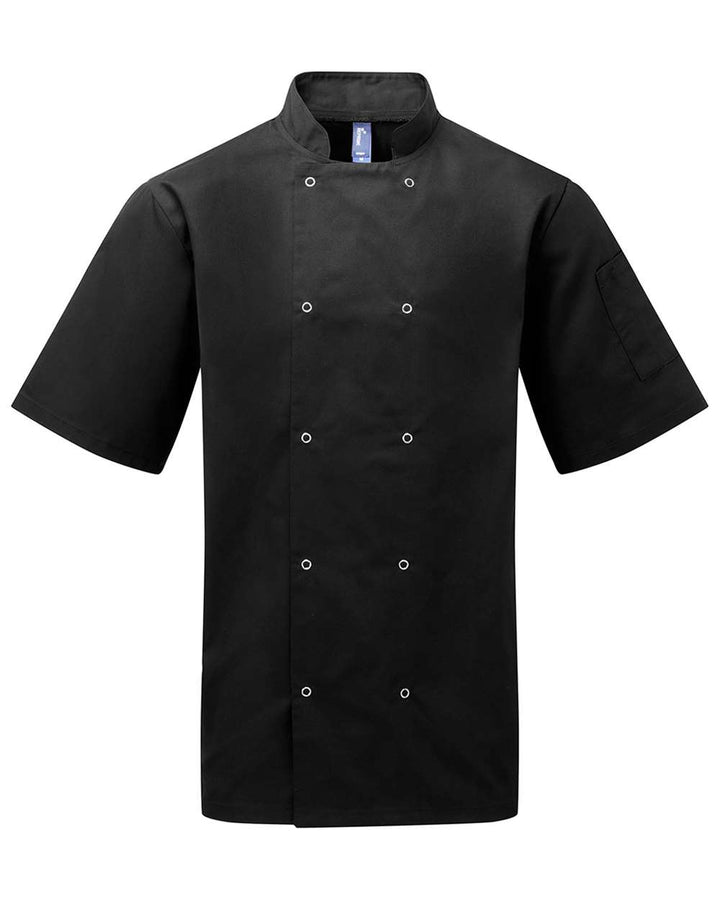 Front View of Black Ten Studded Front Chef Short Sleeve Coat - RP664