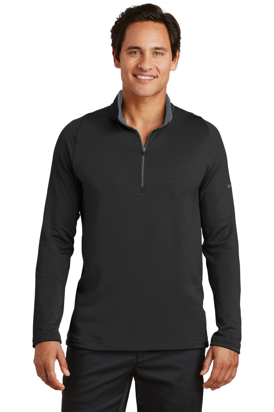 Front View of Black/Dk Grey Nike Dri-FIT Stretch 1/2-Zip Cover-Up. 779795