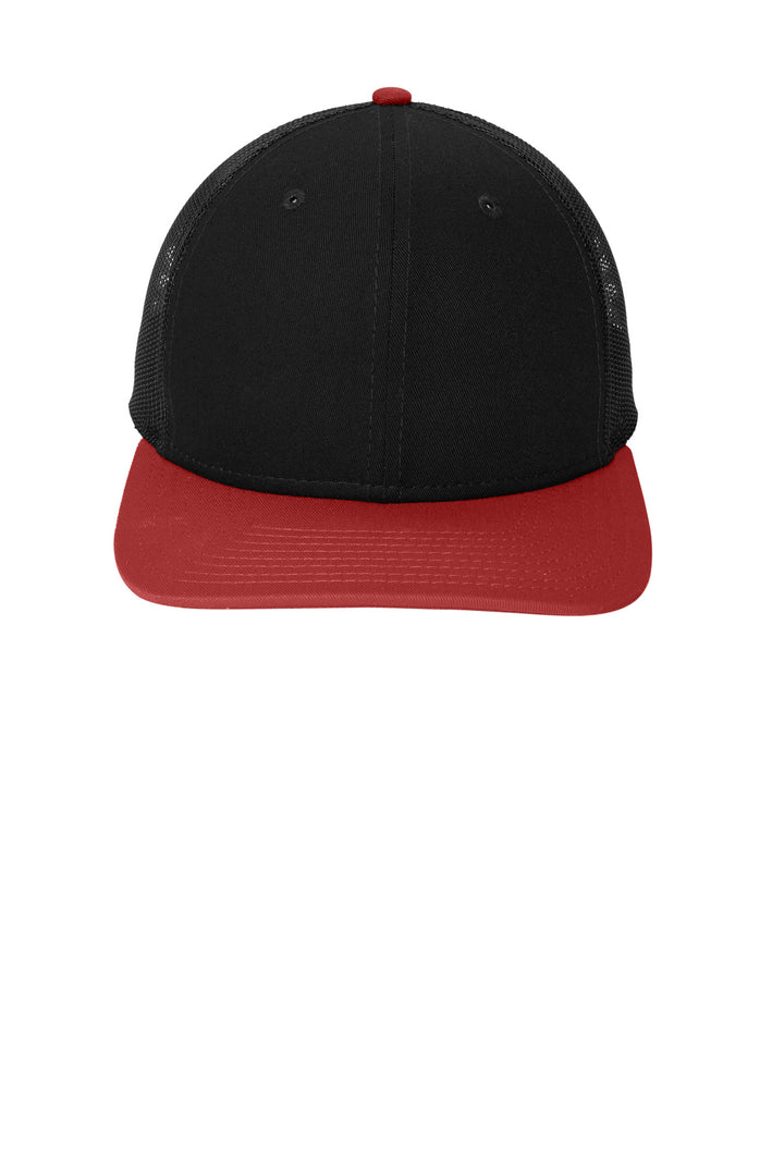 Front View of Black/Scarlet New Era Snapback Low Profile Trucker Cap NE207