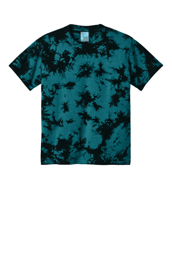 Front View of Black/Teal Port & Company Youth Crystal Tie-Dye Tee PC145Y