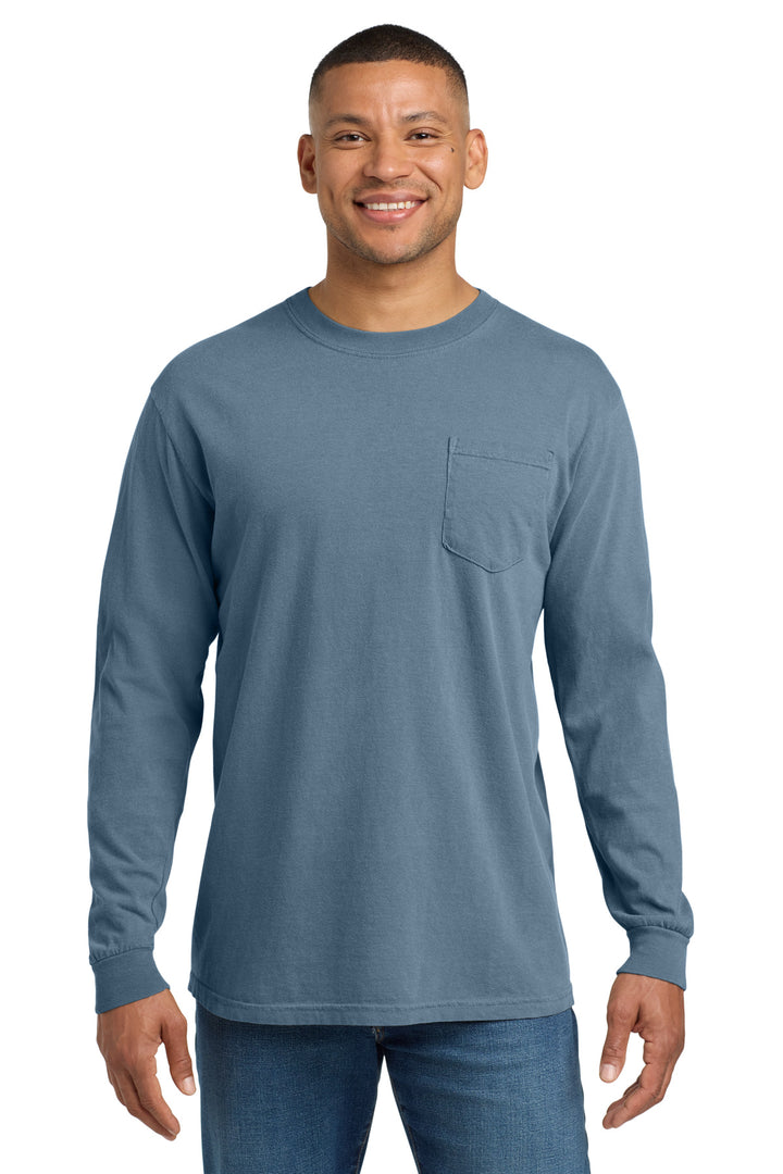 Front View of Blue Jean COMFORT COLORS Heavyweight Ring Spun Long Sleeve Pocket Tee. 4410