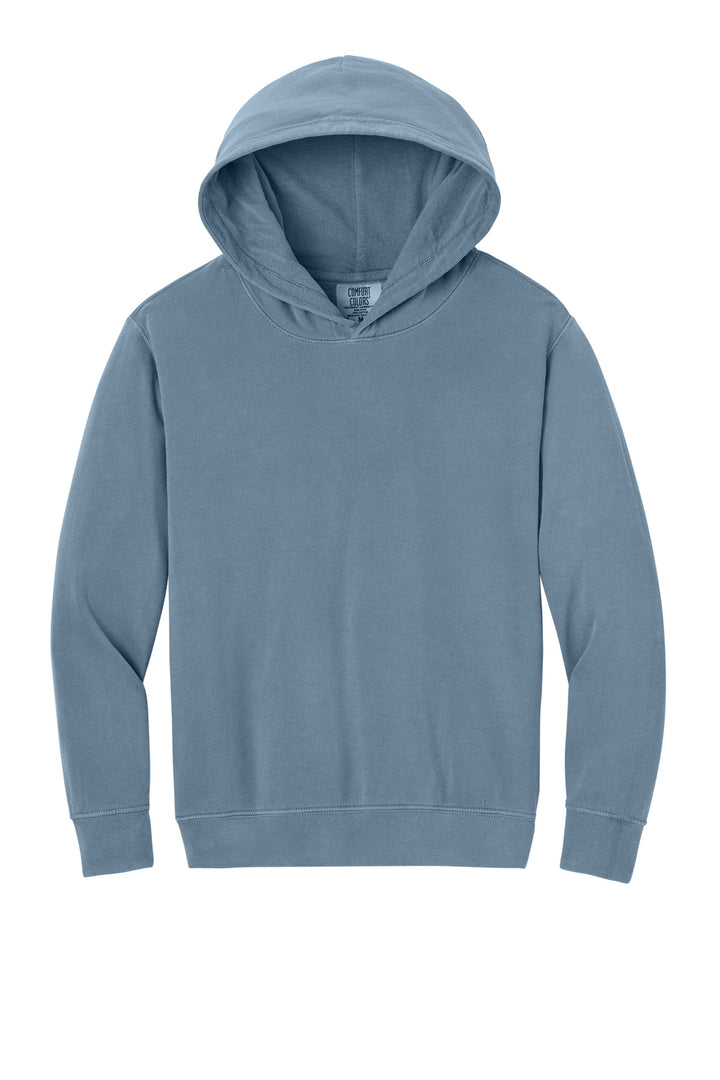 Front View of BlueJean Comfort Colors Youth Lightweight Hooded Sweatshirt 1467Y