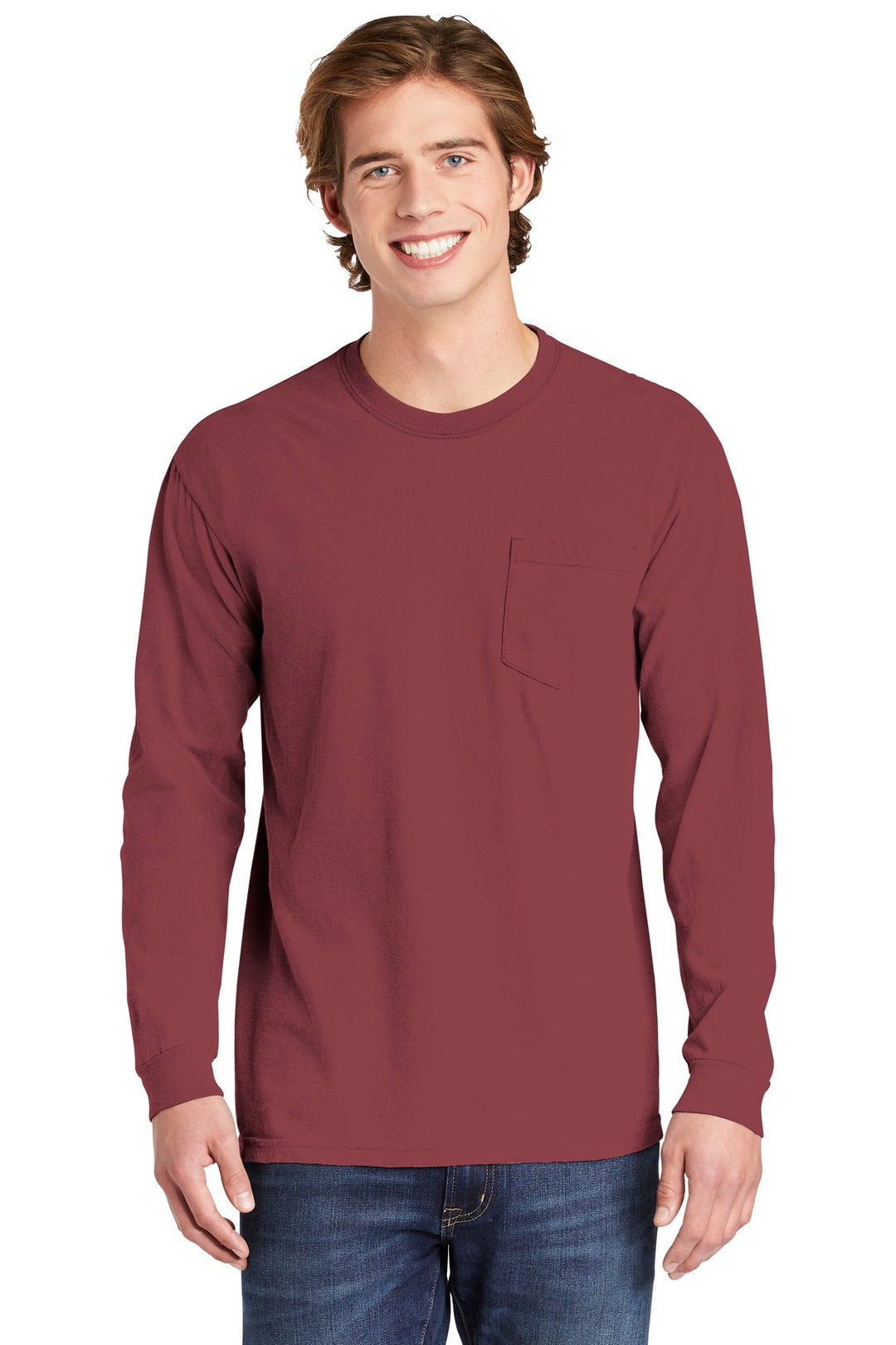 Front View of Brick COMFORT COLORS Heavyweight Ring Spun Long Sleeve Pocket Tee. 4410
