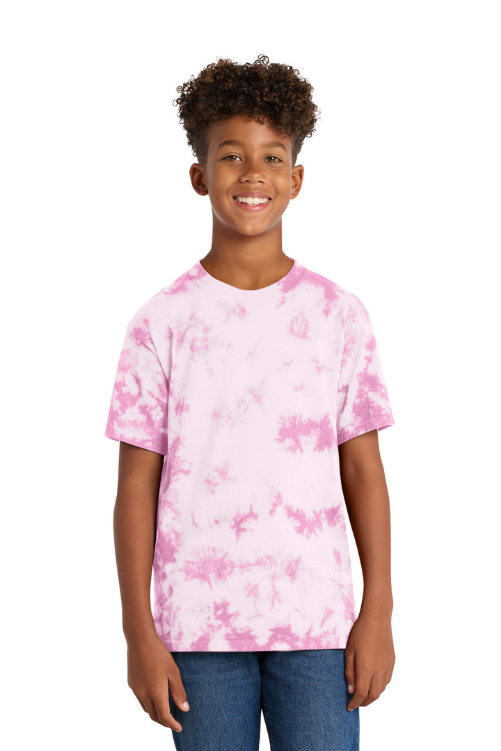Front View of BrtPink Port & Company Youth Crystal Tie-Dye Tee PC145Y
