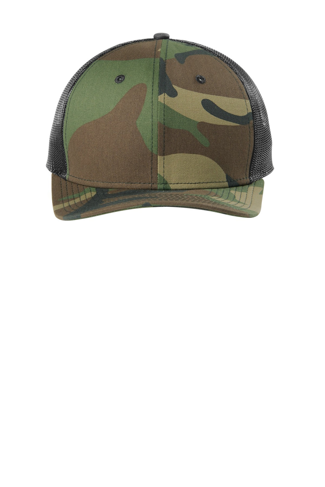 Front View of Camo/Black New Era Snapback Low Profile Trucker Cap NE207