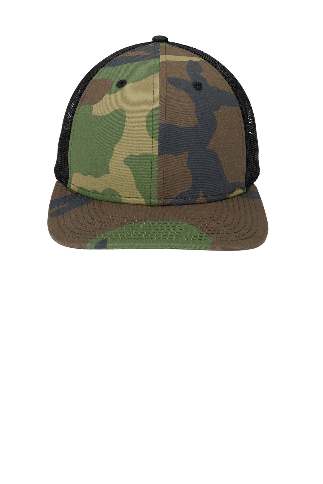 Front View of Camo/Black New Era Snapback Low Profile Trucker Cap NE207