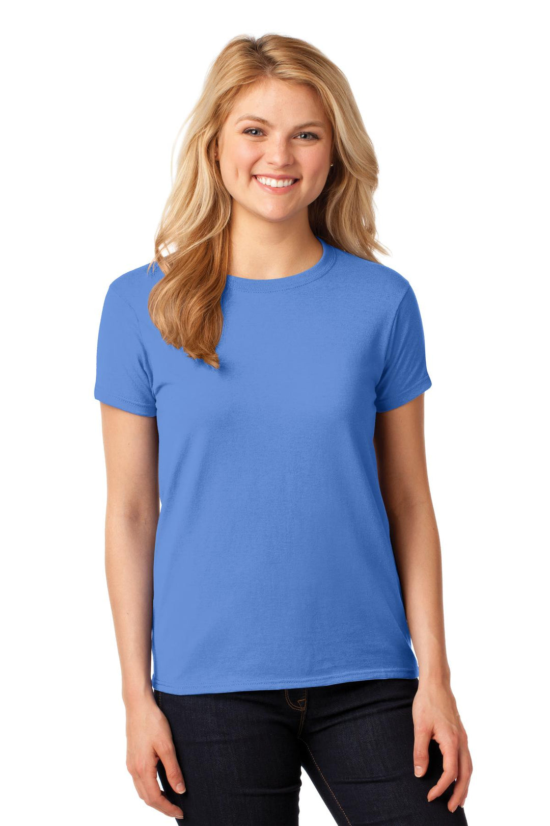 Front View of Carolina Blue Gildan Women's Heavy Cotton 100% Cotton T-Shirt. 5000L
