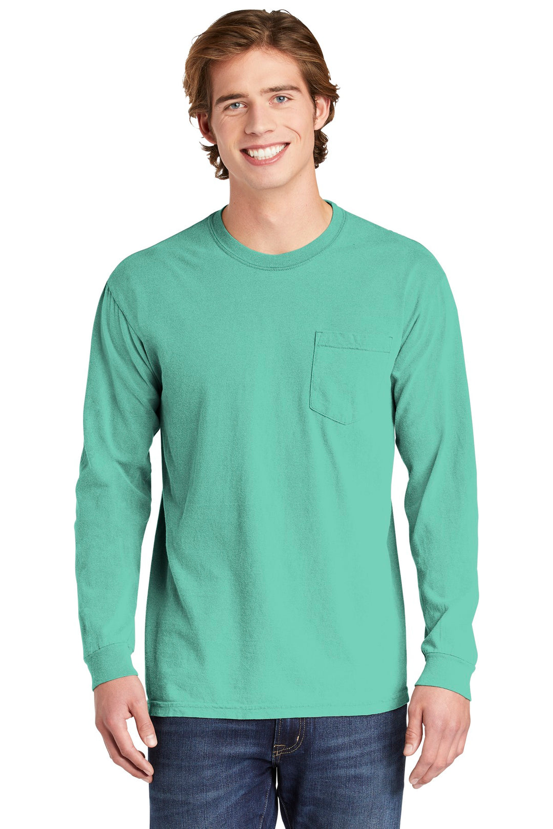 Front View of Chalky Mint COMFORT COLORS Heavyweight Ring Spun Long Sleeve Pocket Tee. 4410