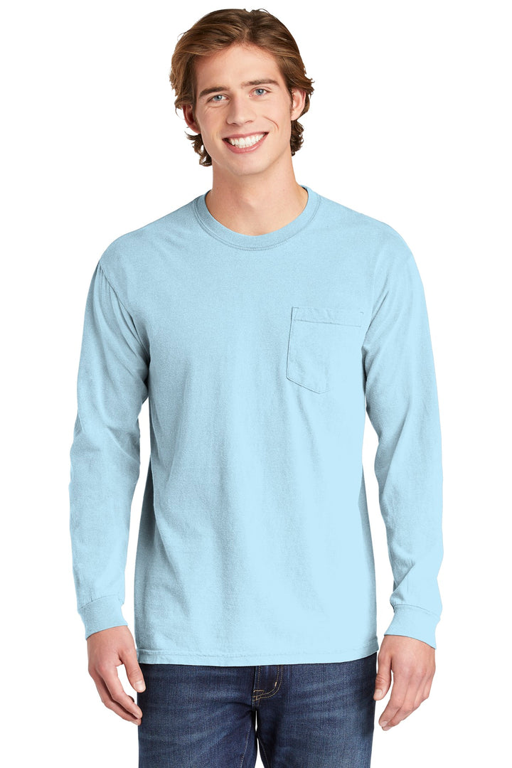Front View of Chambray COMFORT COLORS Heavyweight Ring Spun Long Sleeve Pocket Tee. 4410