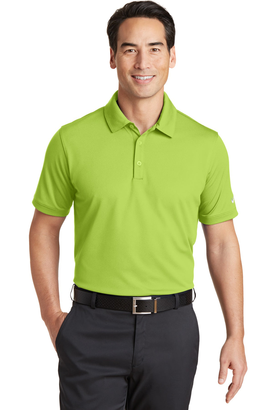 Front View of Chartreuse Nike Dri-FIT Solid Icon Pique Modern Fit Polo. 746099