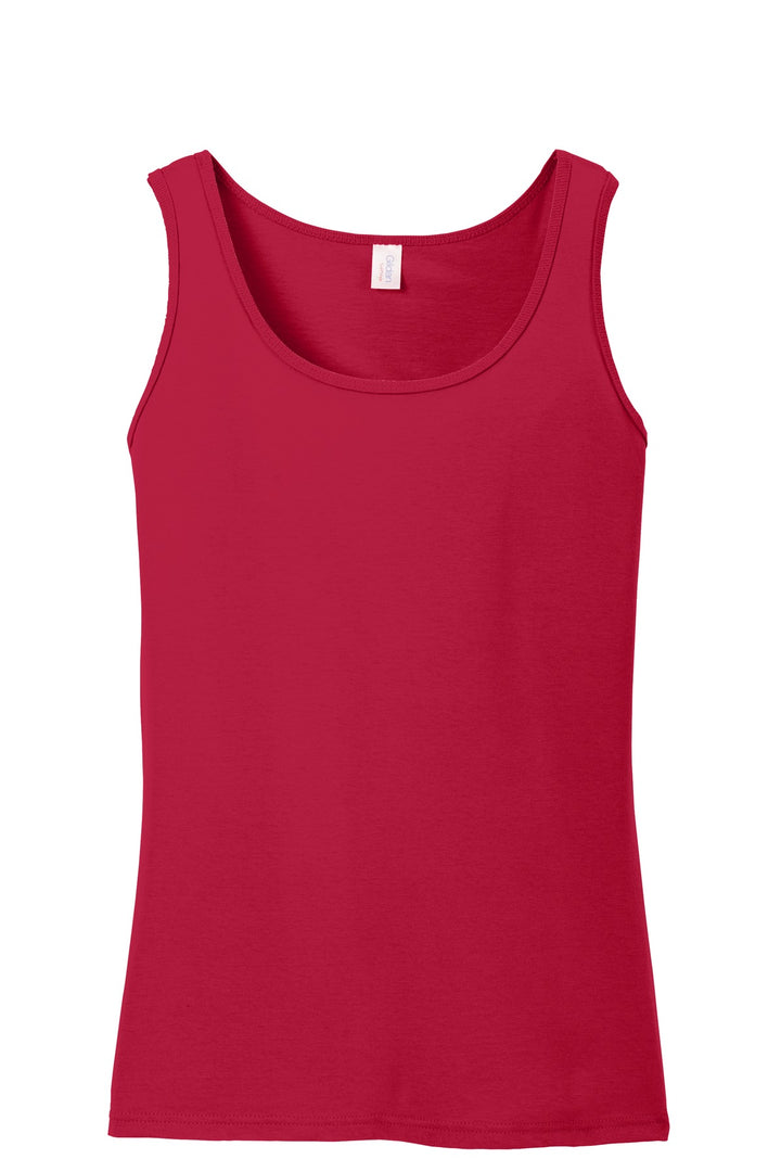 Front View of Cherry Red Gildan Softstyle Junior Fit Tank Top. 64200L