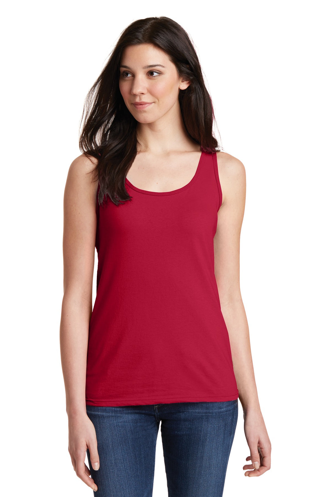 Front View of Cherry Red Gildan Softstyle Junior Fit Tank Top. 64200L