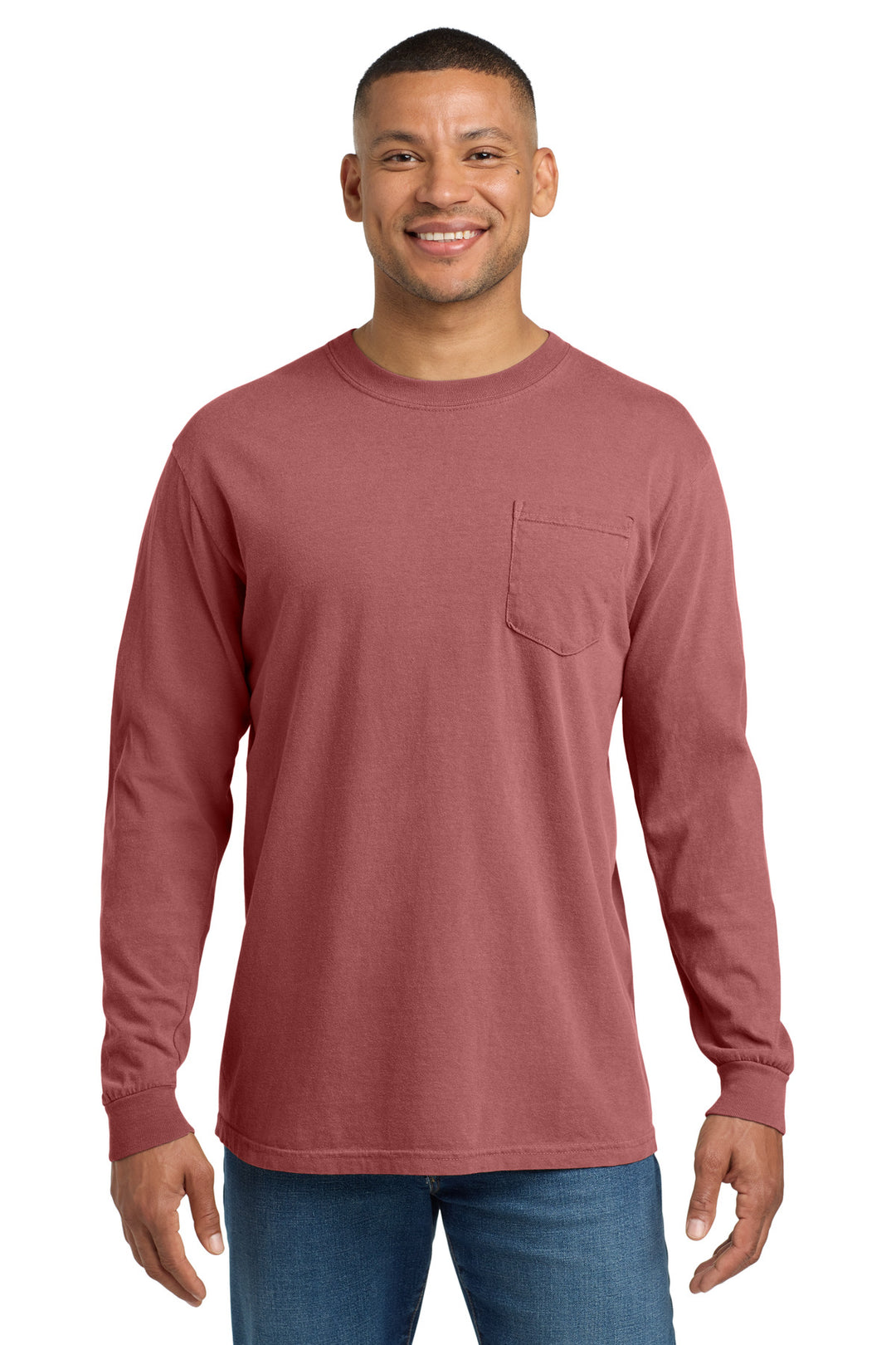 Front View of Crimson COMFORT COLORS Heavyweight Ring Spun Long Sleeve Pocket Tee. 4410