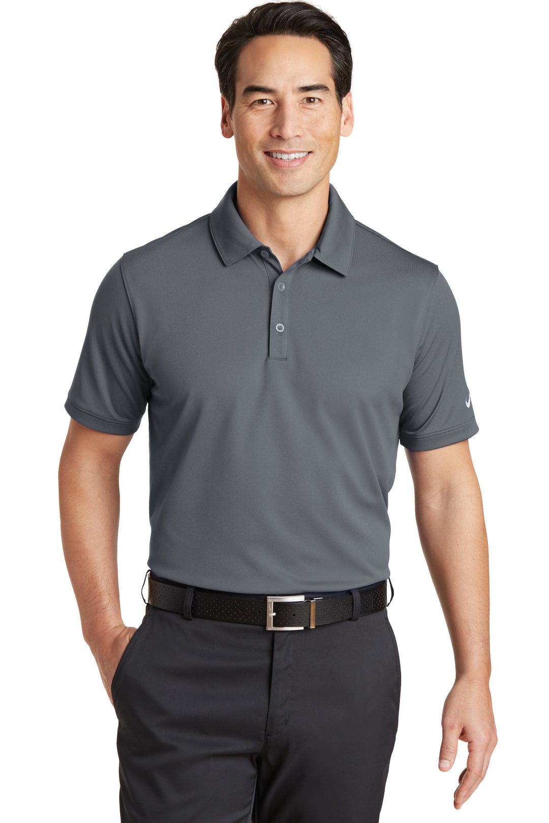 Front View of Dark Grey Nike Dri-FIT Solid Icon Pique Modern Fit Polo. 746099