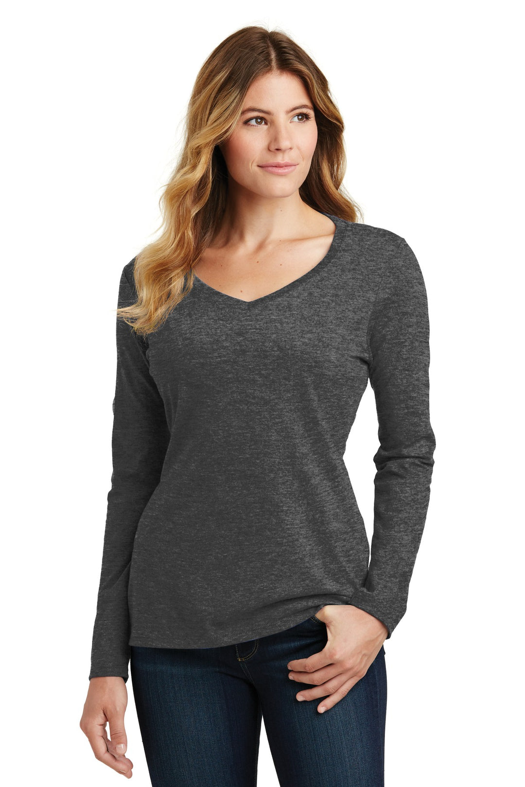 Front View of Dark Hthr Grey Port & Company Women's Long Sleeve Fan Favorite V-Neck Tee. LPC450VLS