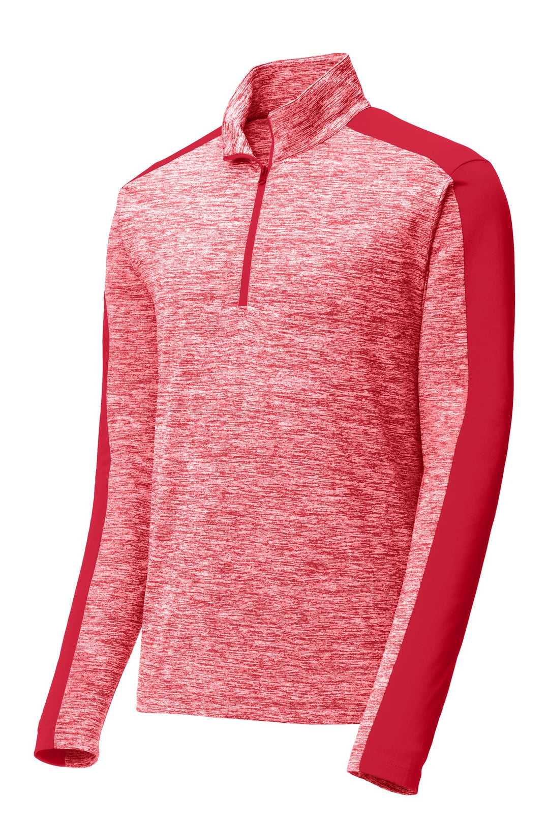 Front View of Dp Red E/Dp Rd Sport-Tek PosiCharge Electric Heather Colorblock 1/4-Zip Pullover. ST397
