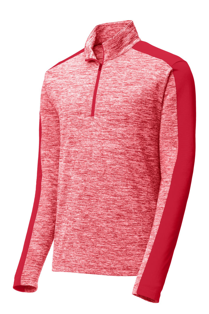 Front View of Dp Red E/Dp Rd Sport-Tek PosiCharge Electric Heather Colorblock 1/4-Zip Pullover. ST397