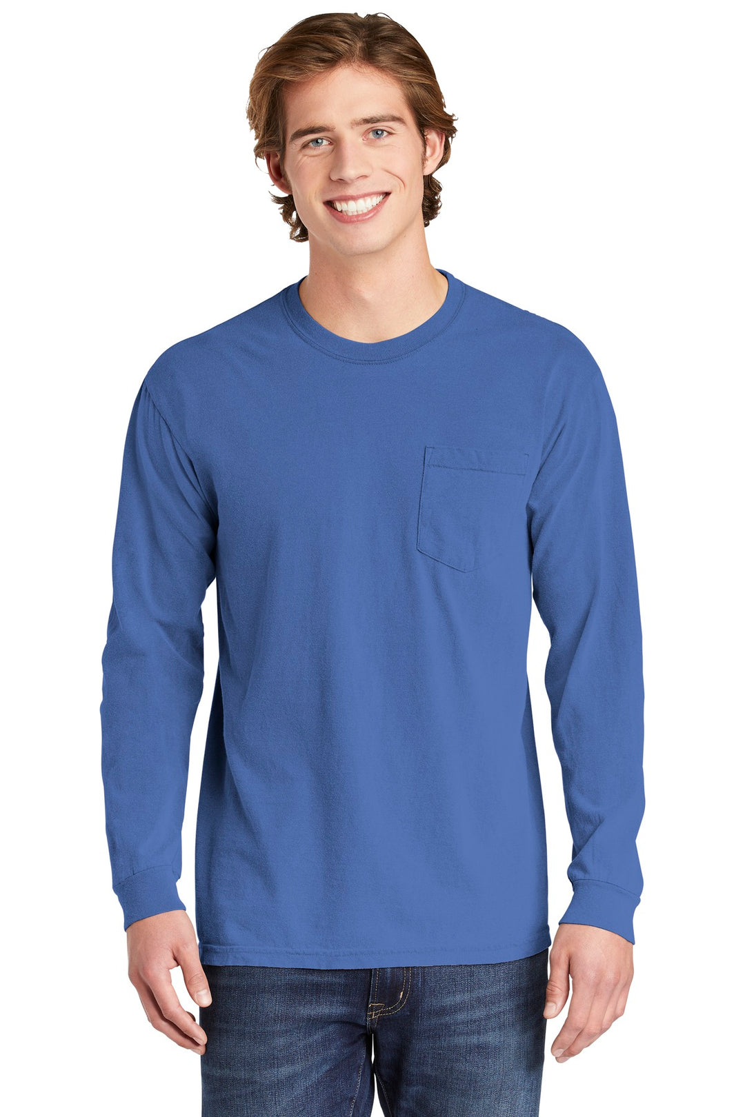 Front View of Flo Blue COMFORT COLORS Heavyweight Ring Spun Long Sleeve Pocket Tee. 4410