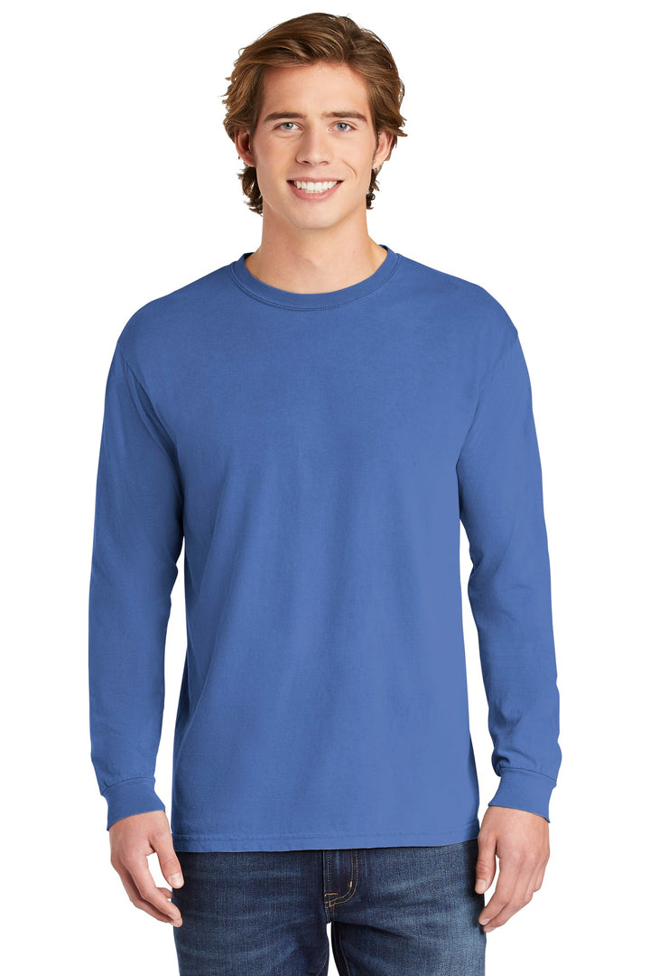 Front View of Flo Blue COMFORT COLORS Heavyweight Ring Spun Long Sleeve Tee. 6014