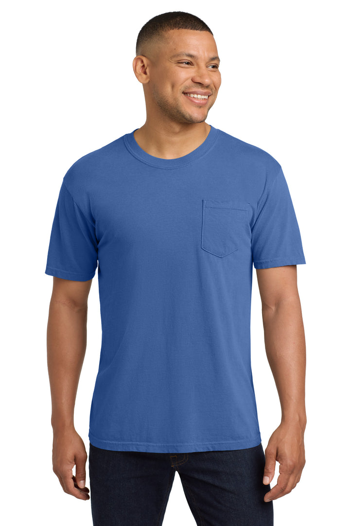 Front View of Flo Blue COMFORT COLORS Heavyweight Ring Spun Pocket Tee. 6030