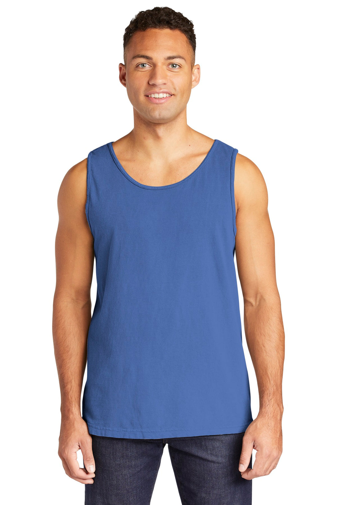 Front View of Flo Blue COMFORT COLORS Heavyweight Ring Spun Tank Top. 9360