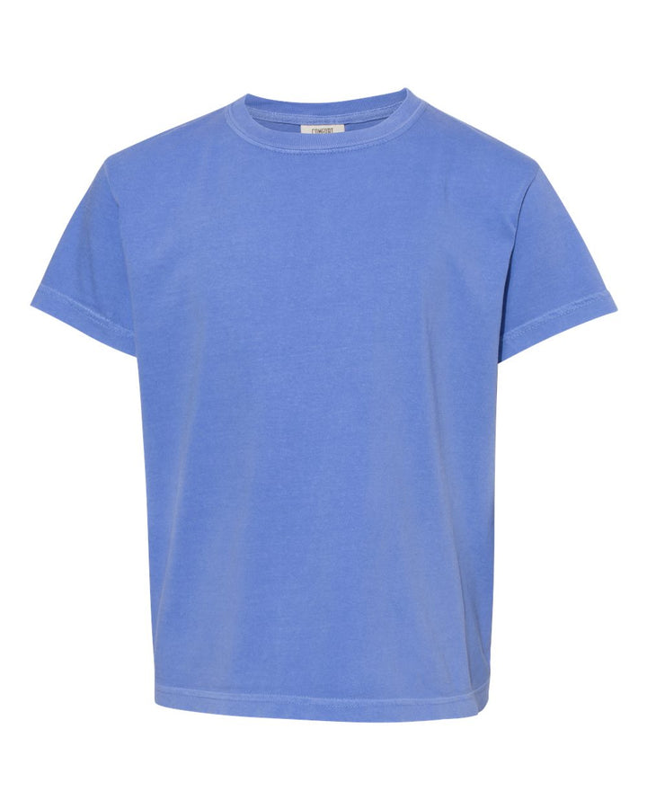Front View of Flo Blue Garment-Dyed Youth Heavyweight T-Shirt - 9018