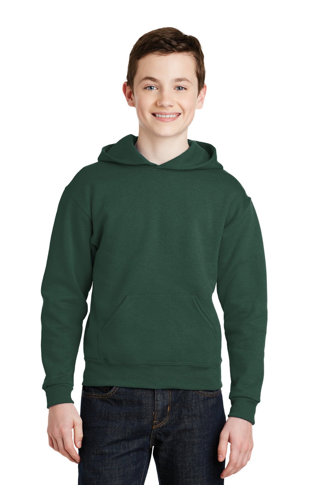 Front View of Forest Green Jerzees - Youth NuBlend Pullover Hooded Sweatshirt. 996Y